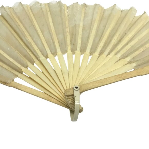 ANTIQUE Women Lace Folding Fan Sequins Embroidered Tulle Wooden Frame Repairable - Picture 5 of 11